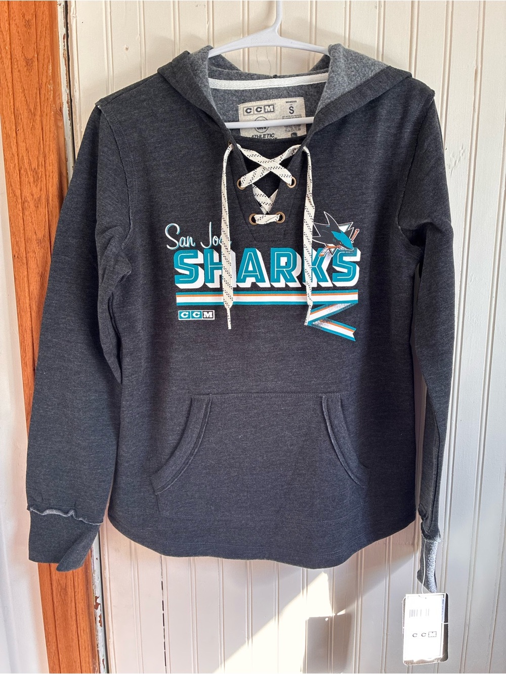 CCM Charcoal San Jose Sharks Lace-Up Crewneck with Teal & White Logo